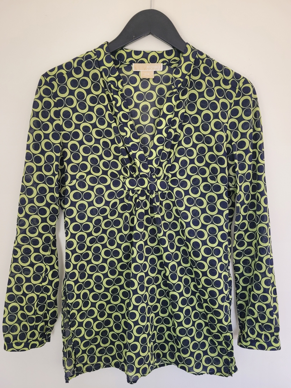 MICHAEL Michael Kors 100% Cotton Navy Lime Circle Print Tunic Blouse S